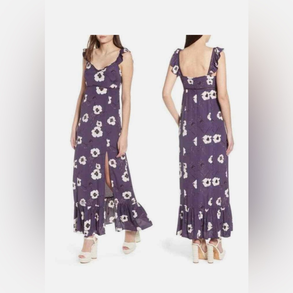 Leith Dress Small Purple Floral A-Line Maxi Slit Ruffle Sleeveless